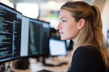 Profile of Young Female Developer Working on Computer Code