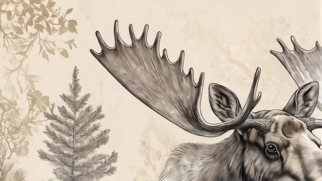 Detailed illustration of a large moose with impressive antlers amidst a forest of fir trees against a textured background.