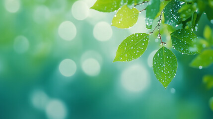 Close-up of leaves with water drops under soft, dreamy lighting, creating a magical and serene atmosphere full of natural beauty and calm.