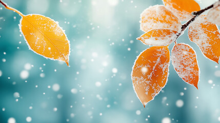 Close-up of winter leaves in soft tones, surrounded by snow under bright sun and dreamy light, creating a magical and serene atmosphere.