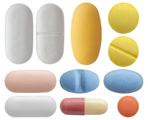 Different medicine pill tablet set isolated on white background