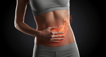 Fototapeta premium Burning Stomach Pain: Intense Abdominal Discomfort, Fiery Visual