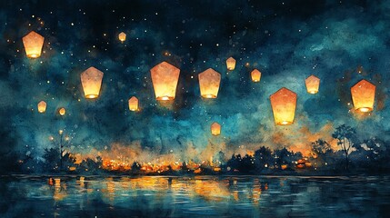 Fototapeta premium A serene night scene showcasing floating lanterns illuminating the dark sky and reflecting on a tranquil water surface.