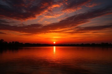 Fototapeta premium Vibrant sunset over tranquil lake.