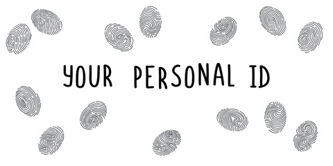 Background with fingerprints isolated on white. Concept of personal id identity, unique touch id, crime investigation. The concept of authentication. Vector hand drawn banner.