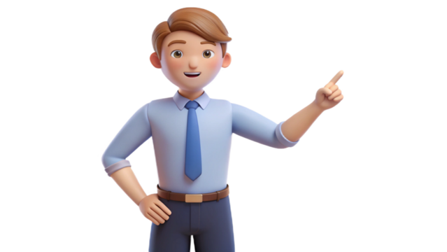 A man points to the side, symbolizing guidance or attention. 3D rendering, conceptual image. Isolated on white background.
