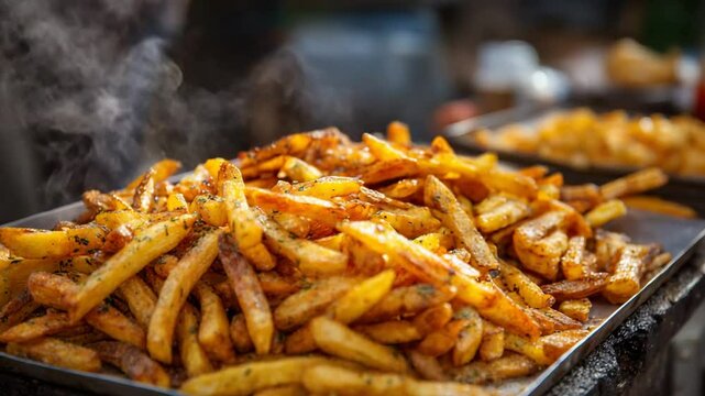A delicious serving of golden fries, fresh from the fryer, perfect for snacking.