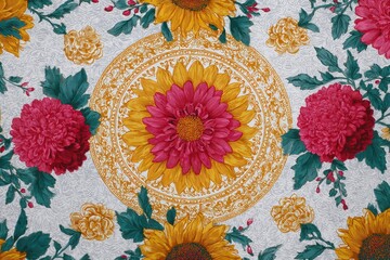 Floral print fabric design with circular ornament.
