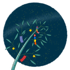 七夕の夜空と笹の葉のイラスト