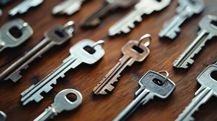 Keys arranged on wooden surface, showcasing various designs and materials, evoke sense of security and mystery