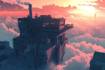 Floating, crumbling city amidst a vibrant sunset sky.