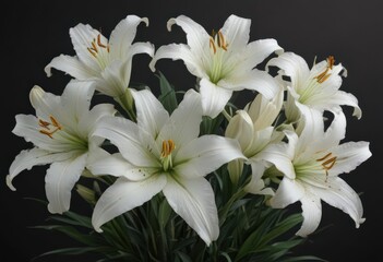Elegant white lilies arranged on a dark background,  delicate,  beautiful,  peaceful