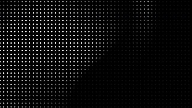 Precise grid of white dots systematically fading across a black screen, creating an elegant pattern that suggests data processing or technological communication.