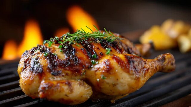 Grilled chicken with herbs, showcasing delicious char on a barbecue grill.