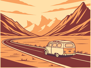 Retro Road Trip Illustration – Minimalist Mountain Scene with Van and Motorcycle