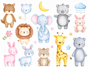 Fototapeta premium Cute watercolor animals including bear, elephant, lion, giraffe, and bunny, surrounded by stars and flowers, evoke playful and joyful atmosphere