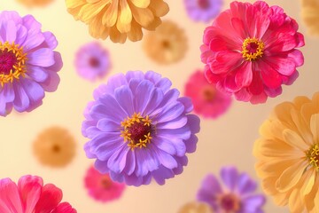 Vibrant zinnia blossoms in a soft, pastel color palette.