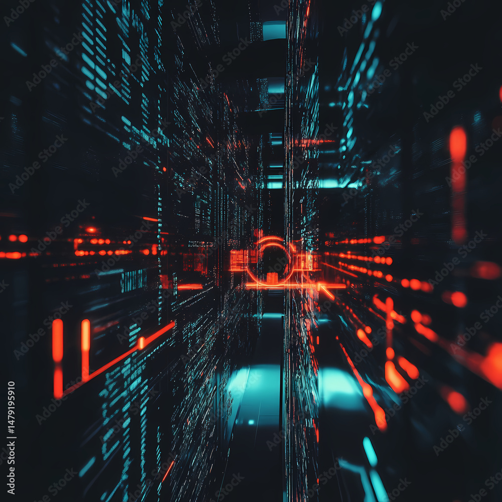 Fototapete Digital tunnel showcasing vibrant blue and red data streams Generative AI