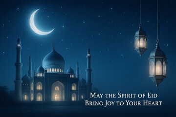 Eid al-Adha Night Greeting with Mosque and Lanterns
