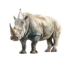 Obraz premium Rhino wearing a party hat celebrating a special occasion on a transparent background, cut out