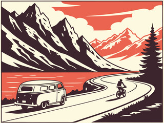 Retro Road Trip Illustration – Minimalist Mountain Scene with Van and Motorcycle