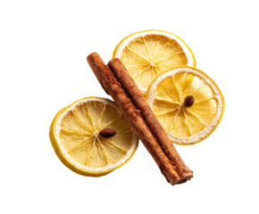 Dried lemon slices and cinnamon sticks for culinary decoration on a transparent background, cut out