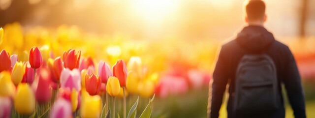 Person Walking in Flower Field During Golden Hour Sunset
