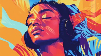 Colorful portrait of a woman listening to music.