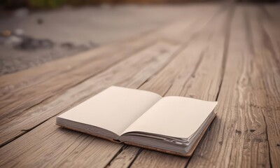 Fototapeta premium Empty booklet mock-up, wooden surface, soft-focus outdoor scene, photography, rustic