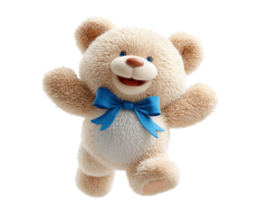 Happy teddy bear with blue bow for children's gifts and decor ideas on a transparent background, cut out