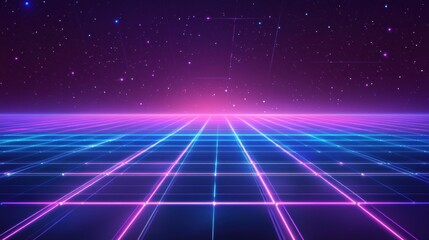 Retro futuristic grid landscape with vibrant neon lights and starry backdrop