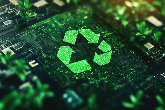 Digital recycling icons and data processing illustrated with green plants in a technology landscape, eco icons and digital data processing over scope and screens