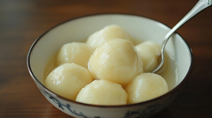 A bowl of white balls with a spoon in it