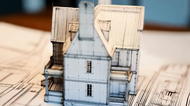 Architectural model house sitting on building plans, showcasing design precision and meticulous planning, featuring a miniature two-story home.