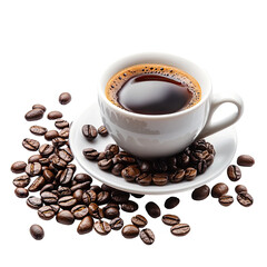Aromatic coffee in a white cup, surrounded by coffee beans