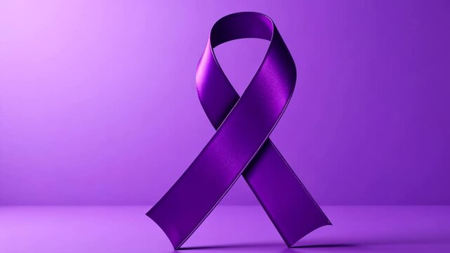 Purple ribbon symbolizing support for various causes on purple background