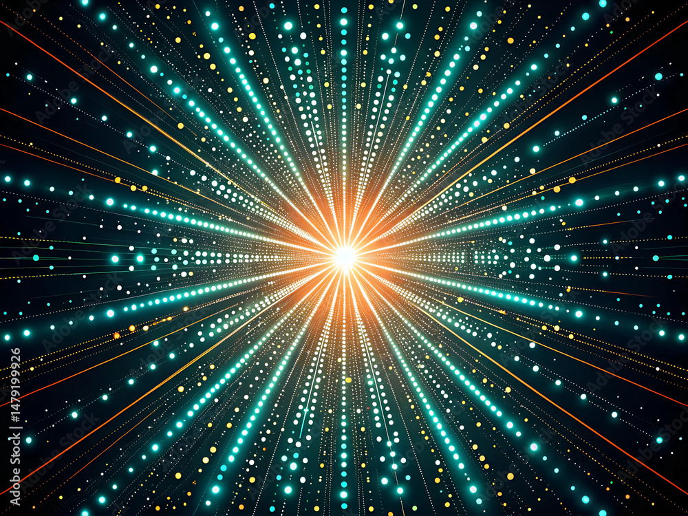 Fototapete a bright light with a yellow center surrounded by blue and green dots. the light is surrounded by a 