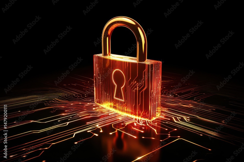 Poster Digital security system with padlock icon and data connections over computer networks, padlock icon with connections over digital data processing on dark background