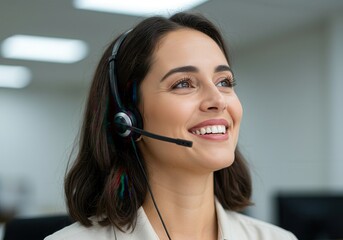 Smiling woman with headset provides customer service and support in a professional setting