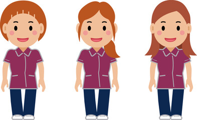 笑顔で両手を下ろし、えんじ色の制服を着た看護師の女性。その2