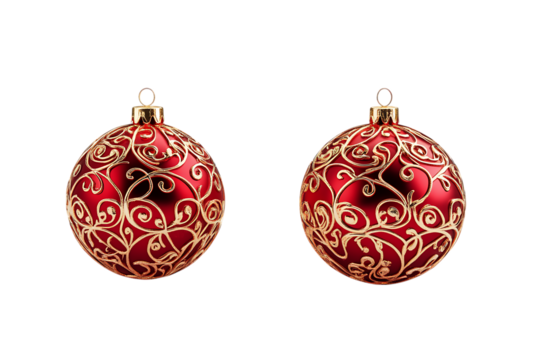 elegant red Christmas ornaments with golden swirls, isolated on white background