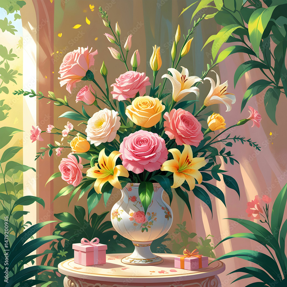 Fototapete an artistic layout with multicolored carnations scattered around a 