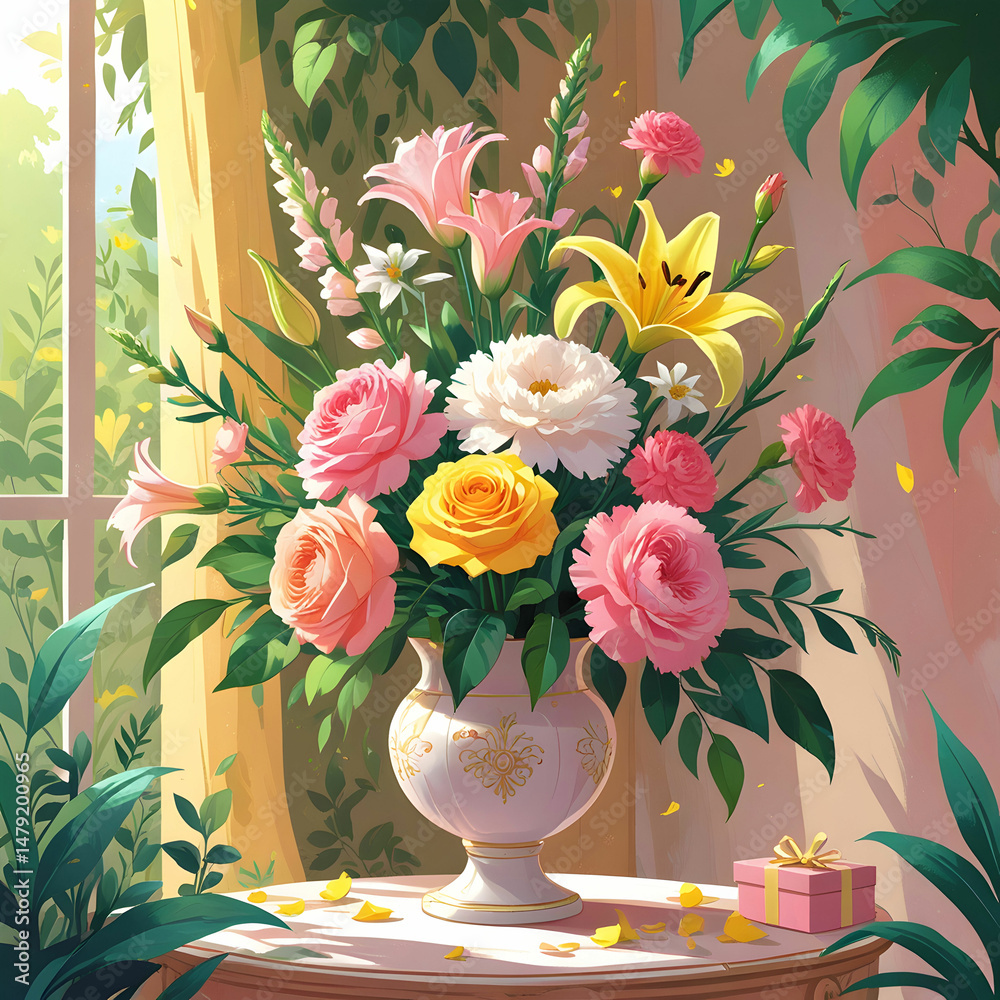 Fototapete an artistic layout with multicolored carnations scattered around a 