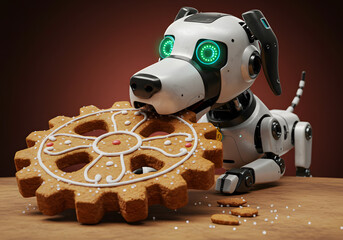 Robot dog eats gingerbread gear illustration