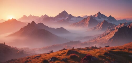 Misty mountain range at sunrise, vibrant colors,  view,  wilderness,  majestic