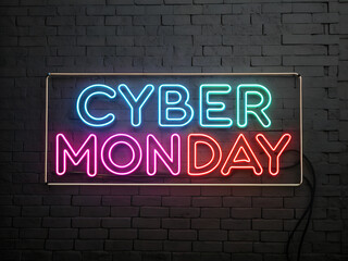 A neon sign that says Cyber Monday. The sign is bright and colorful, and it is lit up against a brick wall. The sign is designed to catch people's attention