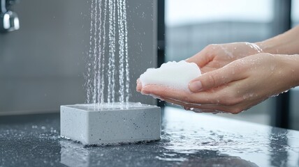 Hands Washing with Soap Under Running Water for Hygiene and Cleanliness in a Modern Bathroom hands