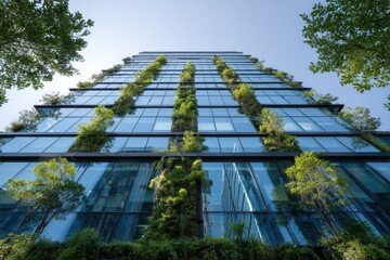 Modern skyscraper facade with vertical green walls.