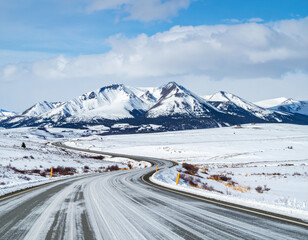 winding road leads through snowy landscape, surrounded by majestic mountains under bright blue sky. scene evokes sense of adventure and tranquility in nature beauty