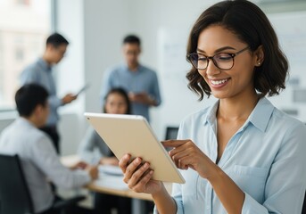 Smiling woman using a tablet device in a bright office setting with colleagues